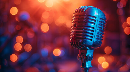 A microphone is on a microphone stand in front of a blurry background. AI.