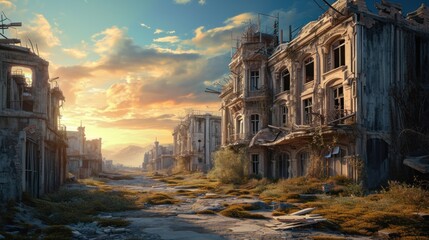 An overgrown city street at sunset, with crumbling buildings and debris scattered throughout. - obrazy, fototapety, plakaty