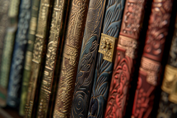A row of blue leather bound books with gold leaf designs