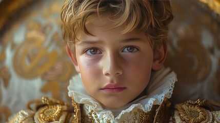 A young boy in a regal prince costume, his stature noble, set within a grand castle environment Captured in 16k, realistic, full ultra HD, high resolution, and cinematic photography