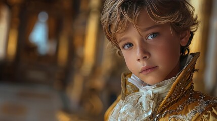 A young boy in a regal prince costume, his stature noble, set within a grand castle environment Captured in 16k, realistic, full ultra HD, high resolution, and cinematic photography - obrazy, fototapety, plakaty