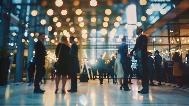 Enigmatic silhouettes amidst illuminated displays: abstract blur of people in exhibition hall event, trade show or expo background
