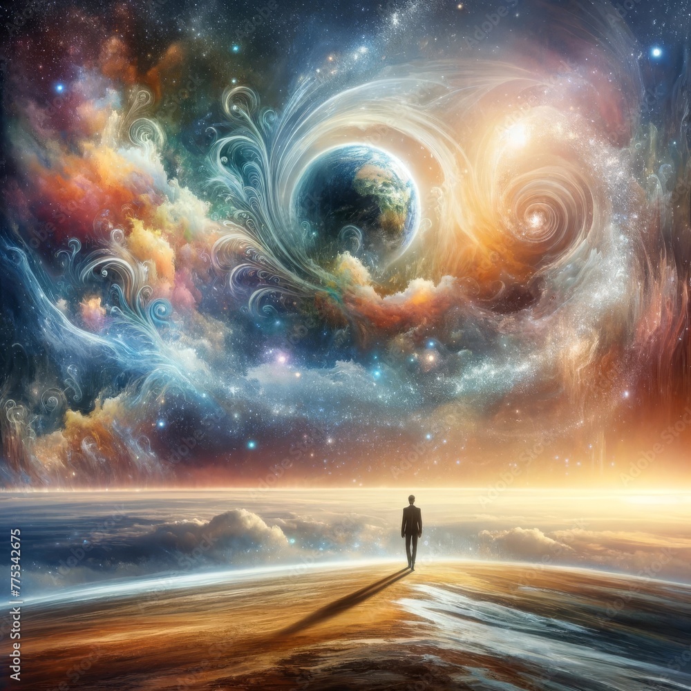 Poster surreal image of a lone figure on a pathway leading to a swirling vortex in space, illustrating a jo