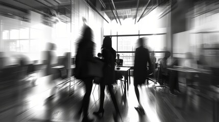 Ghostly silhouette: blurry image of business team in mysterious workplace ambiance