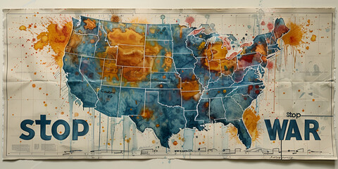 Conceptual 'Stop War' message over a watercolor map of the United States.