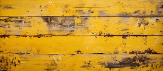 Weathered and aged, a close-up of a yellow wooden surface with peeling and chipped paint, revealing...