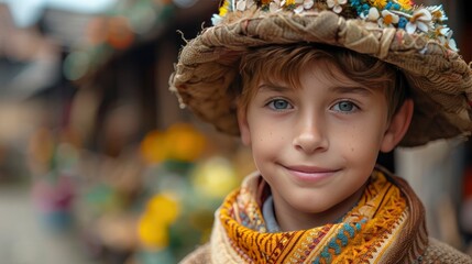 A young boy in a traditional folk costume, his pride evident, set against the backdrop of a picturesque village Captured in 16k, realistic, full ultra HD, high resolution, and cinematic photography