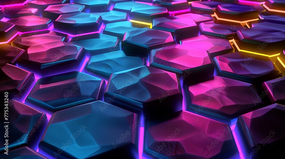 Aufkleber hexagon tiles with neon lighting in pink and blue. close-up of abstract digital mosaic. futuristic h