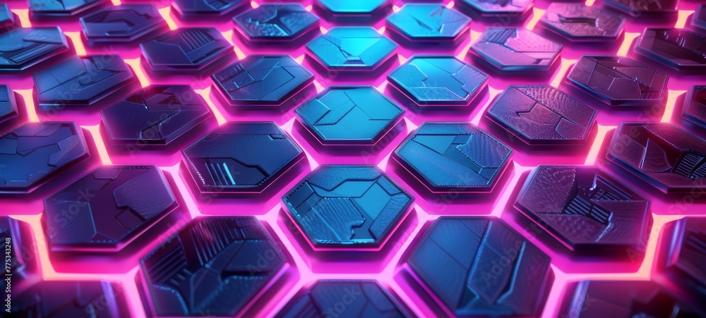 Poster futuristic neon pink and blue hexagonal tiles. abstract digital pattern. background. futuristic hone