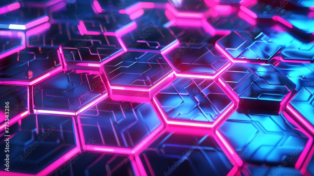 Poster advanced tech hexagons glowing with neon lights. detailed digital surface in pink and blue. futurist