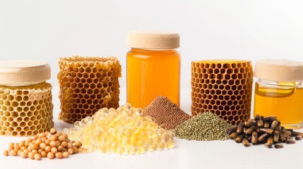 Assortment of bee products on a white surface. Jars of honey, fresh honeycomb, royal jelly, bee pollen, and propolis. Concept of beekeeping, natural apiculture, health supplements, and organic food. - obrazy, fototapety, plakaty