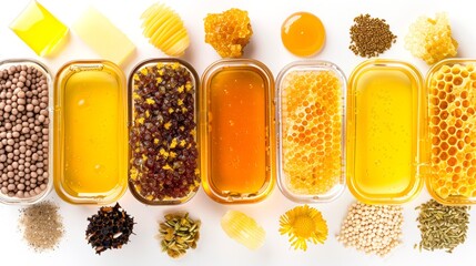 Array of natural bee farm products on a clean white backdrop. Collection includes honey, pollen, and wax. Concept of sustainable beekeeping, superfood ingredients, and wellness products.