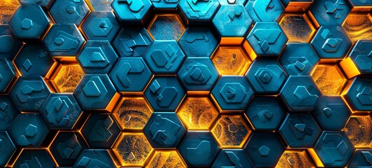 Abstract hexagonal pattern with warm orange and cool blue tones. Concept of contrasting technology textures, cybernetic art, and dynamic digital landscapes. Futuristic Background. Banner - obrazy, fototapety, plakaty