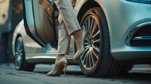 close up of a car with a business woman's shoe