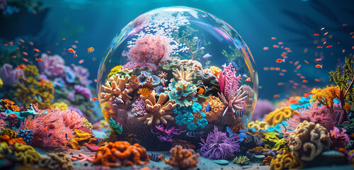 A colorful coral reef teeming with marine life, encircling a 3D glass globe with its vibrant and...