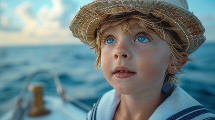 A young boy modeling a classic sailor suit, his pose dignified and poised, against a serene sea backdrop Captured in 16k, realistic, full ultra HD, high resolution, and cinematic photography