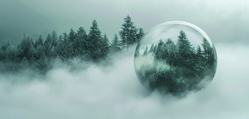 A dense fog rolling over a mysterious forest, shrouding the trees within a 3D glass globe in an ethereal mist.