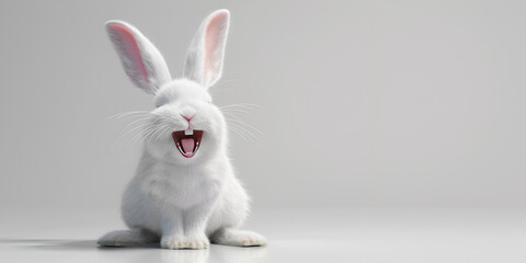 A white rabbit with its mouth open and its tongue out
