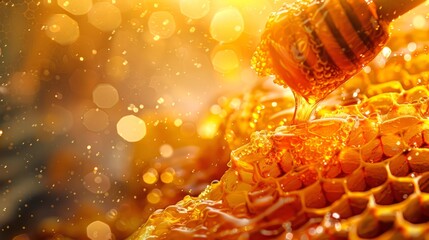 Honey drizzling onto a honeycomb with bokeh lights. Fresh honey pour, bright and warm. Concept of...
