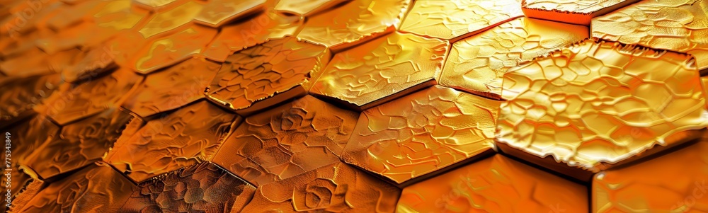 Poster abstract golden hexagonal pattern. iridescent honeycomb design with orange hues. concept of geometri