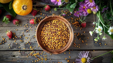Bowl of colorful bee pollen grains on a wooden table. Nutritious pollen surrounded by natural flowers and fruit. Concept of superfood, natural supplements, beekeeping, and apitherapy. Top view - obrazy, fototapety, plakaty