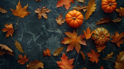 Autumn and thanksgiving decoration concept made from autumn leaves and pumpkin on dark textured...