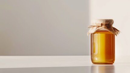 Glass honey jar with rustic fabric covering. Artisanal honey preservation. Concept of home produce, pantry staples, and sweet condiments. Banner. Copy space - Powered by Adobe