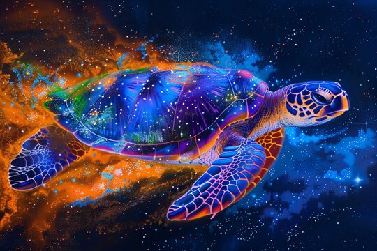 a sea turtle swimming in space