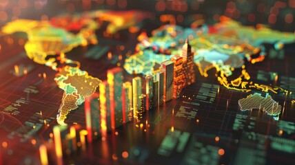 Illuminated world map data and network concept - This image depicts an illuminated digital world map with glowing connections, illustrating the idea of a networked, data-driven global community