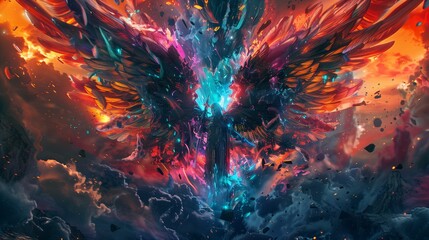 En medio de un infierno cósmico, emerge un majestuoso fénix armado, sus alas arden con una vibrante paleta de naranjas ardientes, azules serenos y rosas vibrantes.