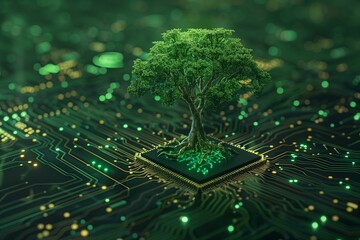 n exuberante árbol brota de una placa de circuito, sus raíces entrelazadas con caminos digitales, simbolizando el crecimiento orgánico dentro del reino de la tecnología.