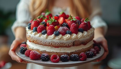 A woman holding a birthday cake decorated with berries