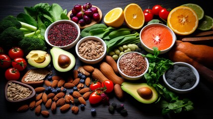 Assorted superfoods in a colorful culinary display - Top-down image of a vibrant assortment of superfoods, beautifully arranged to emphasize the importance of a nutrient-rich diet