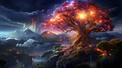 Fototapeta premium Fantasy artwork of a tree with fiery foliage - Vibrant digital painting of a flaming tree amidst cliffs and a cityscape with a galaxy backdrop