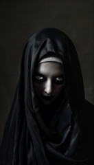 Gothic medieval nun portrait with long valadon, face in darkness	
