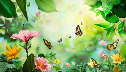 spring background flowers and butterflies