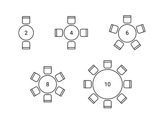 Set of plan for arranging place seats for guest in interior, layout graphic outline elements. Chairs and tables icons in scheme architectural plan. Office and home furniture, top view. Vector line