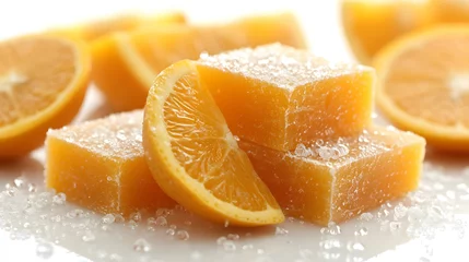 Foto op Plexiglas Freshly sliced oranges on a dotted brown plate. © chlo