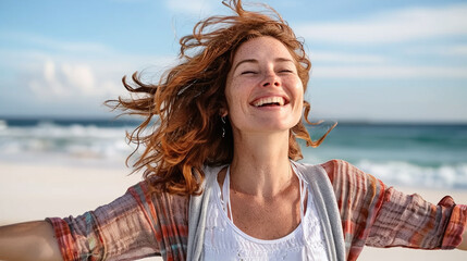 happy laughing woman dancing relaxed on the beach