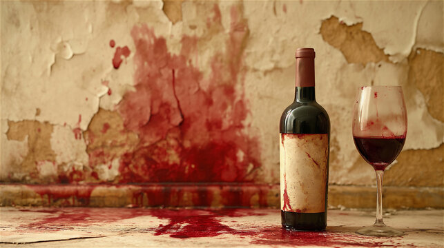 One glass of red wine and a bottle of wine against the background of a wall with peeling paint and stains of wine, copy space. High quality photo
