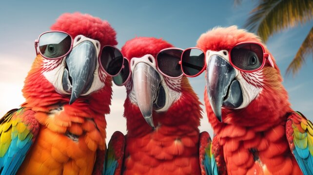 Bright red parrots wearing stylish sunglasses - Bold red parrots with sunglasses, exuding confidence and tropical luxury in a stylized portrayal