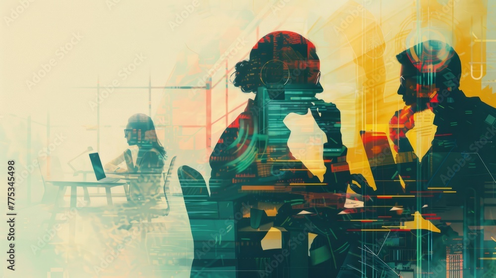 Poster abstract silhouette of human and technology overlap - dynamic image featuring human silhouettes over