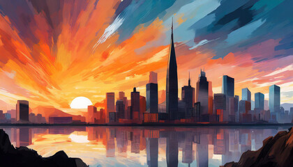 Cityscape skyline with beautiful sky at sunset. Abstract art. Modern buildings