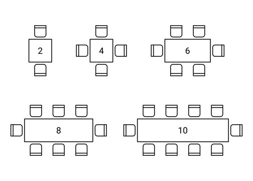 Set of plan for arranging place seats for guest in interior, layout graphic outline elements. Chairs and tables icons in scheme architectural plan. Office and home furniture, top view. Vector line