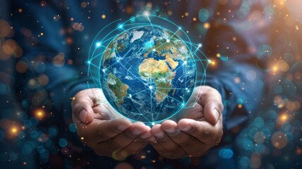 Hands holding Earth globe with glowing connections - Global technology concept with hands cradling Earth surrounded by a network of light representing global connections and tech advancement - obrazy, fototapety, plakaty