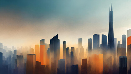 Fototapeta na wymiar Illustration of cityscape skyline with foggy sunrise. Modern buildings. Abstract art.