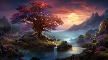 Dreamlike tree in a twilight fantasy setting - Majestic tree bathed in sunset light, with pink blooms against a fantasy landscape with waterfall and river