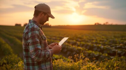 Farmer using tablet at sunset in green fields - Man in a cap using digital tablet in sunlit farmland, blending technology with agriculture
