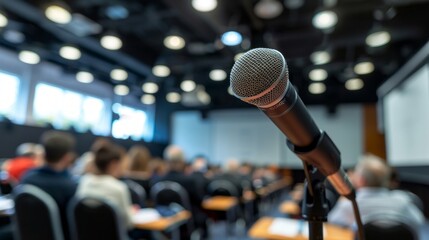 Dynamic conference atmosphere: microphone close-up amidst blurred seminar crowd and hall background. Illustrating event vibrancy and learning environment