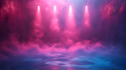 Blue and purple stage neon lights with fog create a moody and theatrical atmosphere for a performance, AI generated - obrazy, fototapety, plakaty